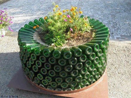 Large flowerbed of ordinary green bottles