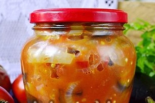 Three eggplant, peppers and tomatoes salad ready