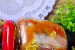 Three eggplant, peppers and tomatoes salad