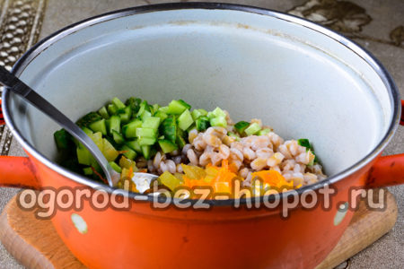 put cucumbers, barley and fried vegetables in a pan