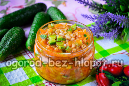 pickle for the winter with pearl barley and cucumbers
