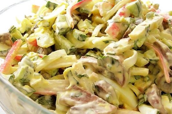 Salad with mushrooms and crab sticks