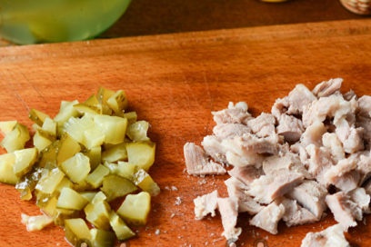 chopped cucumbers and meat