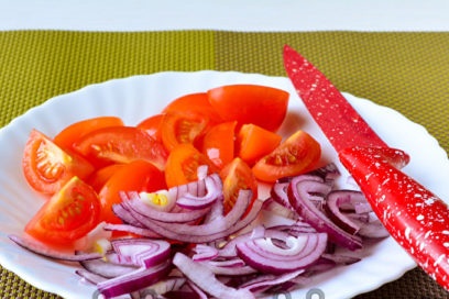 chop tomatoes and onions
