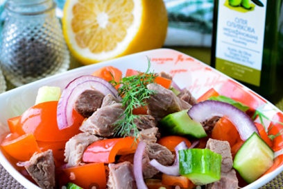 salad with boiled beef and bell pepper is ready