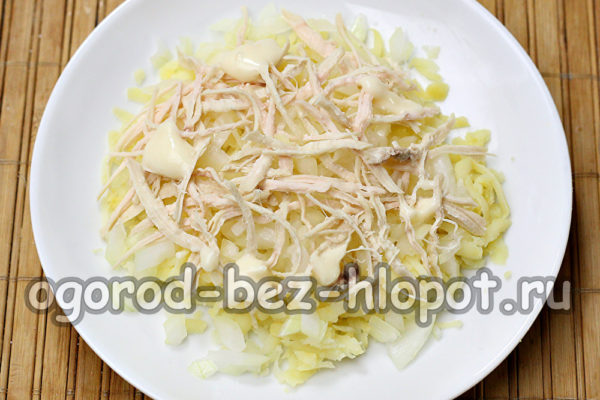 grease a layer of meat with mayonnaise