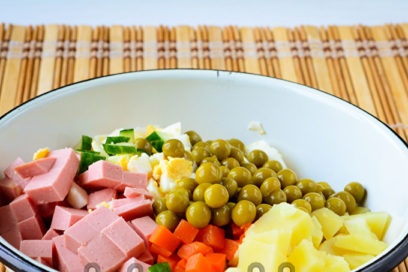 put everything in a bowl, add peas