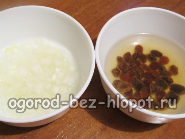 pour raisins with boiling water, pickle onions