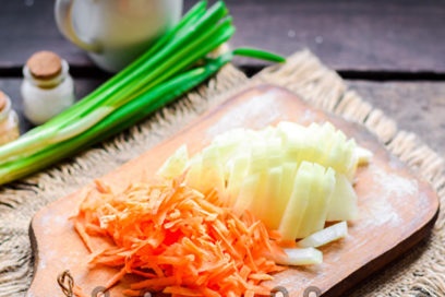 grate carrots, chop onion
