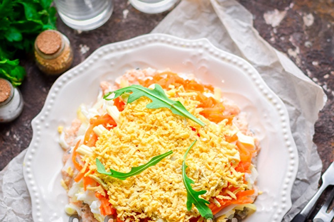 Mimosa salad with pink salmon