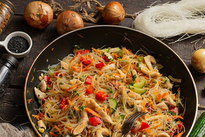 salad with funchose, vegetables and chicken