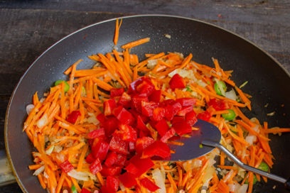 add bell pepper, soy sauce, black pepper