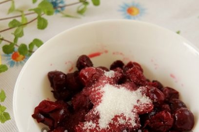 defrost cherries, add sugar