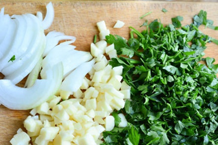 cut greens, onion and garlic